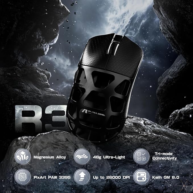 FELICON x Attack Shark R3 Magnesium Alloy Wireless Gaming Mouse 46g Ultra-Lightweight Skeletal Shell PAW3395 26K DPI 8K Polling Tri-Mode 2.4G/BT/Wired for PC Mac Laptop - Black &amp Griptape