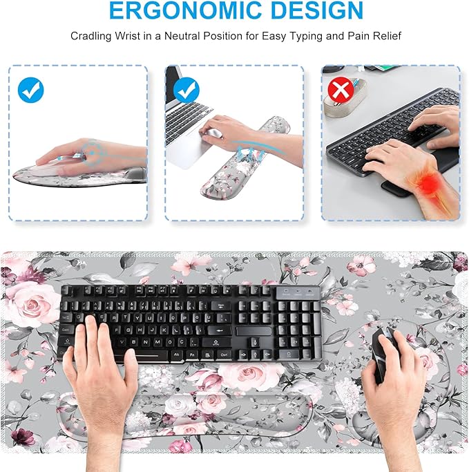 iCasso Large Mouse Pad Wrist Support Set 4in1 XXL Big Mousepad + Keyboard Wrist Rest + Mouse Wrist Rest + Coaster Set with Ergonomic Design Gaming Mat for Home Office Table Computer - Pink Floral