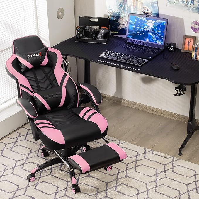 GYMAX Gaming Chair Ergonomic Computer Chair with Footrest Linkage Armrests &amp Lumbar Cushion Big Wide High Back Video Gaming Chair Reclining Office Rolling Chair for Adult/Teens (Pink)