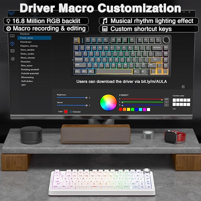AULA F75 Pro Wireless Mechanical Keyboard with Knob75% Hot Swappable Custom Gaming KeyboardsRGB BacklitPre-lubed SwitchesSide Printed PBT Keycaps Creamy Sounding Computer Keyboard Line White