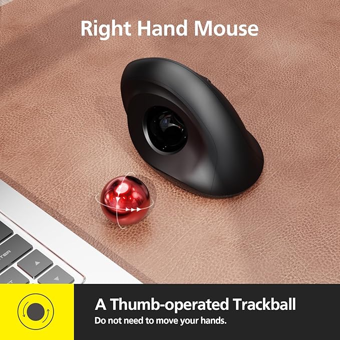 MicroPack Trackball Wireless Mouse Upgrade Right Hand Ergonomic Mouse with Wireless Vertical Rollerball Computer Mouse 3 Adjustable DPI Easy Thumb Control for PC Laptop Mac Windows - Black