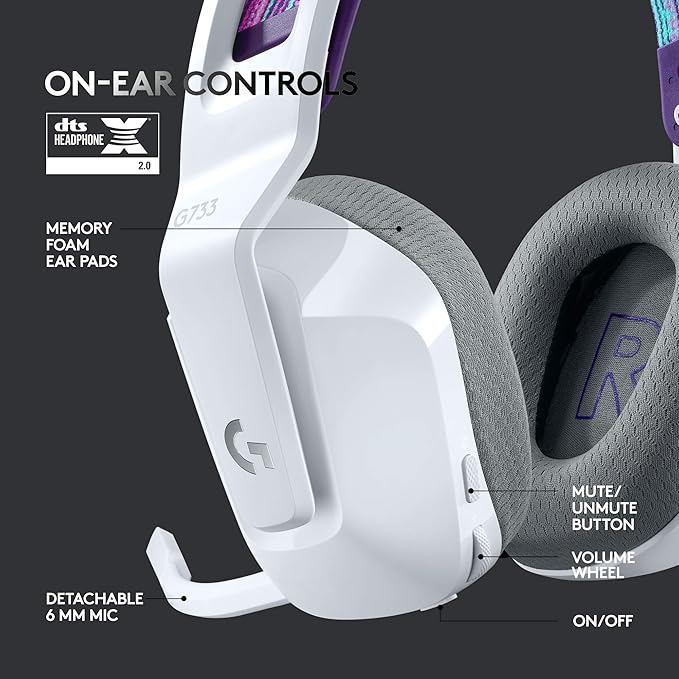 Logitech G733 Lightspeed Wireless Gaming Headset with Suspension Headband LIGHTSYNC RGB Blue VO!CE mic Technology and PRO-G Audio Drivers - White