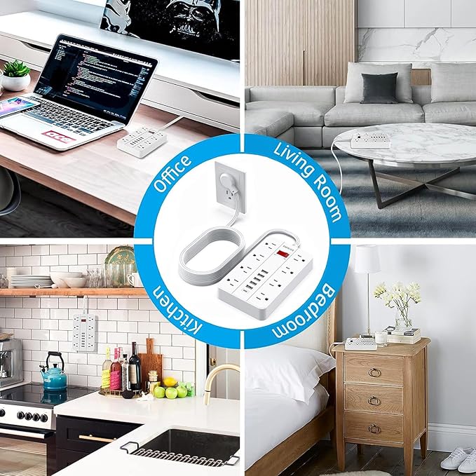 Flat Plug Extension Cord 15 Ft SMNICE Surge Protector Power Strip with 8 Widely Spaced Outlets and 6 USB(1USB C) Ports Wall Mount Long Charging Station for Dorm Home Office Accessories White