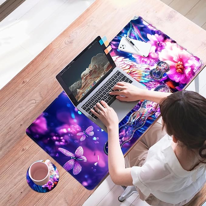 Mouse PadLarge Desk Mat Set 4in1 XL Mousepad + Keyboard Wrist Rest+Mouse Wrist Rest+Coaster with Ergonomic Desk Pad for Home Office Table Computer Cover -Owl Flowers Dragonflies