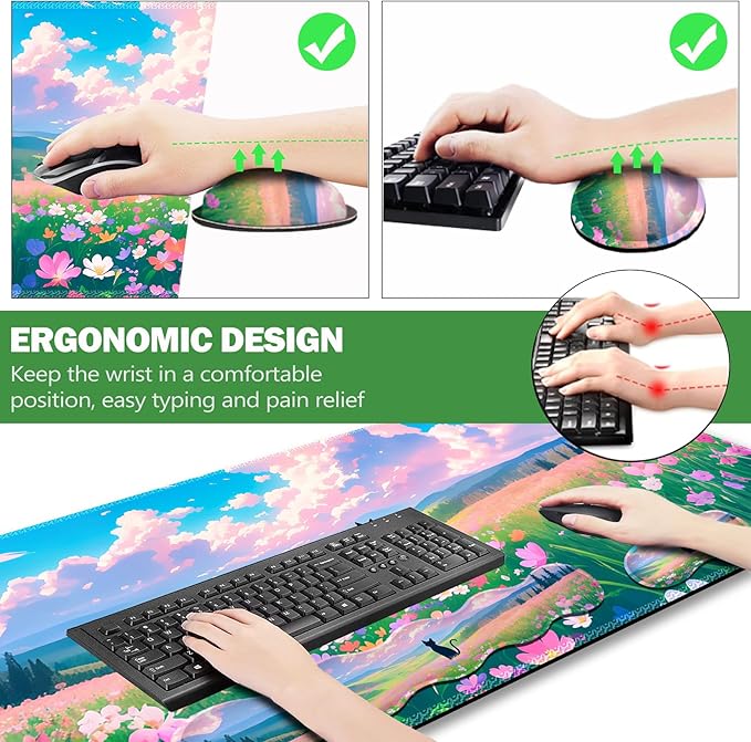 ARTSO Keyboard Wrist Rest Large Mouse Pad Wrist Support 4 in 1 Memory Foam Keyboard Pad Desk Mat Set Ergonomic Wrist Rest Cushion for Home Office Gaming-Cat and Flower Sea