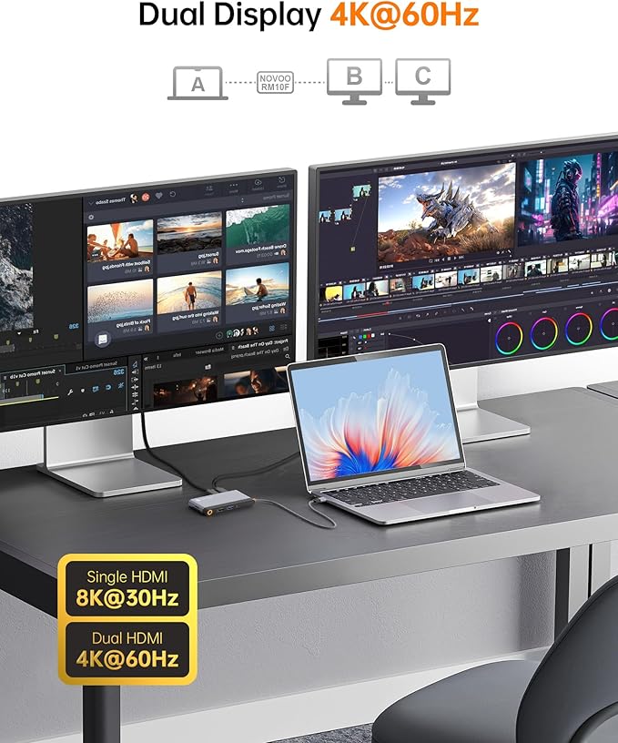 Novoo USB C Docking Station Dual HDMI Adapter 10 in 1 Multi Display 8K with 2 HDMI VGA 100W PD 3 USB TF Card USB-C 3.0 Hub Multiport Dongle Compatible with MacBook/Dell/HP/Lenovo Surface Laptops