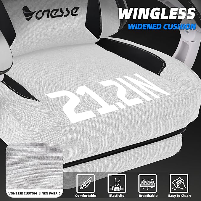 Vonesse Gaming Chair Computer Chair Fabric with Pocket Spring Cushion Office Chair with Footrest and Massage Lumbar Support Reclining Gaming Chairs for Adults 250LBS (Beige White)