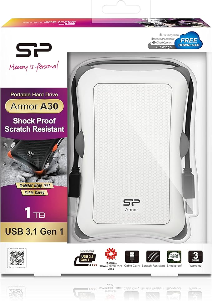 Silicon Power SP010TBPHDA30S3W 1 TB Rugged Armor A30 Shockproof 2.5-Inch USB 3.0 External Portable Hard Drive Military Grade MIL-STD-810G White
