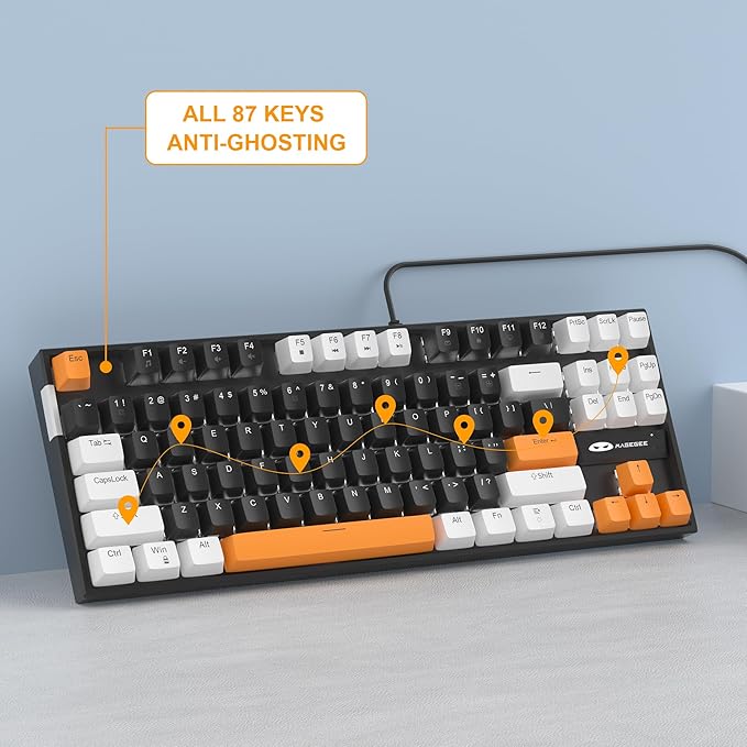 MageGee 75% Mechanical Gaming Keyboard Brown Switch LED White Backlit 87 Keys Compact TKL Wired Computer Keyboards for Windows Laptop PC Gamer - Black/White