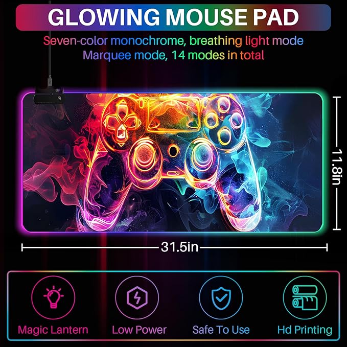 XL RGB Gaming Mouse Pad with 14 Light Modes - Light Up Gamer Mouse Pad31.5 x 11.8in Non-Slip Gamepad Style Led Large Gamer MousepadBlack Long Glowing Gaming Accessories for Desk Waterproof
