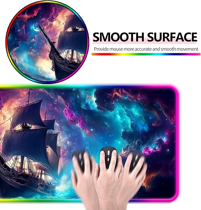 RGB Fantasy Pirate Ship Gaming Desk Mat Computer Keyboard Large Extended Long LED Mouse Pad for Office and Home XL (W01)