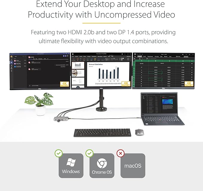 StarTech.com USB-C Docking Station for Windows and ChromeOS Triple 4K HDMI DP Video USB 10Gbps Hub 100W Laptop Charging GbE