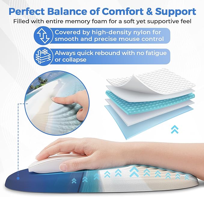 Ergonomic Mouse Pad with Wrist Support Memory Foam Wrist Rest for Pain Relief &amp Carpal Tunnel Non-Slip Base for Office Computer PC Laptop (12x8x1.2inch Maldive Beach)