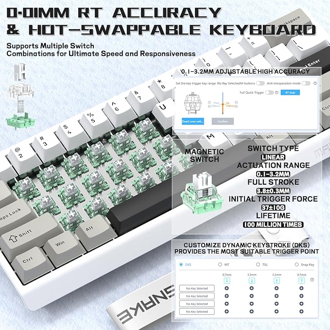 MAMBASNAKE X60 HE 60% Rapid Trigger Wireless Gaming KeyboardHall Effect Magnetic SwitchesAdjustable Actuation0.1ms Ultra-Low Latency 8KHz Polling Rate3-Mode RGBPBT Keycaps for Win/Mac-Star White