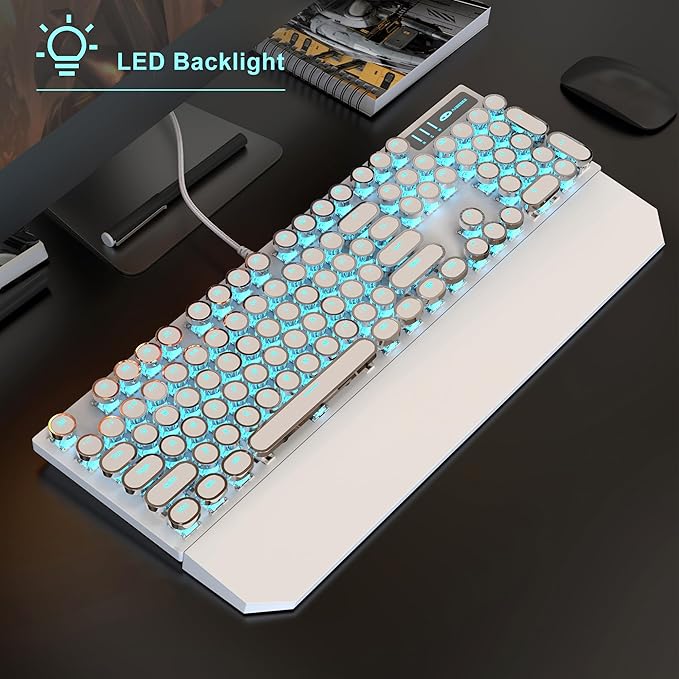 Typewriter Mechanical Gaming Keyboard and Mouse Combo Retro Punk Round Keycaps RGB Rainbow Backlit Wired Keyboard for Game and Office for Windows Laptop PC Red Switches(White)