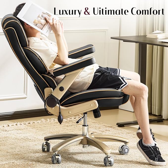 Big and Tall Office Chair 500lbs Heavy Duty Leather Chair with 5D Armrests Comfortable Seat High Back Executive Office Chair with Adjustable Lumbar Large Computer Chair for Home Office Black
