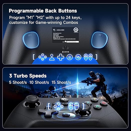 AceGamer Pluto 2.4G Wireless Bluetooth Controller for PC/Switch/Switch 2/iOS/Android/SteamTMR JoysticksHall Effect Triggers4-Motors Vibration1000Hz Polling RateForce-balanced Lever BumpersPragra