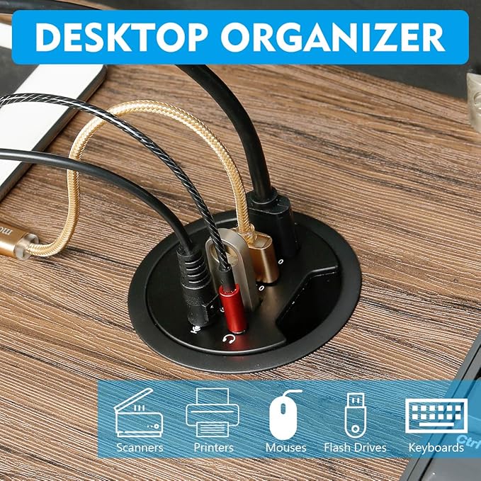 WDX Grommet Hole in Desk USB 3.0 3 Port Hub BC 1.2 USB Charger with 3.5mm Sound Card Mic Phone Jack for iPhone/Smart Phones