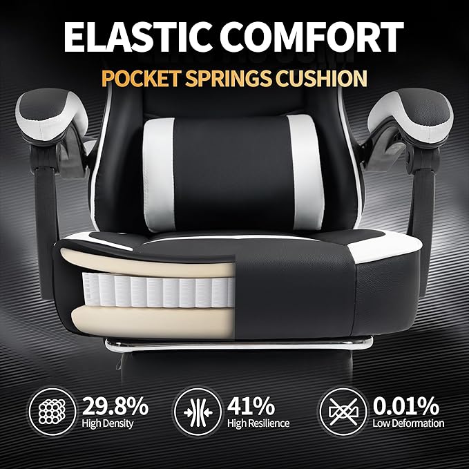 Gaming Chair with Footrest for Adults - Ergonomic Gaming Chairs with Foot Rest - Big and Tall Computer Game Chair - PU Leather Reclining Video Game Chairs with Spring Cushion - Black/White