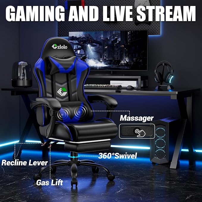 Gaming Chair with Footrest Racing Style Lumbar Support Massager Video Game Chair with Metal Legs High Back Reclining Gamer Chair with Headrest 360° Swivel Office Computer Desk Chair (Blue)