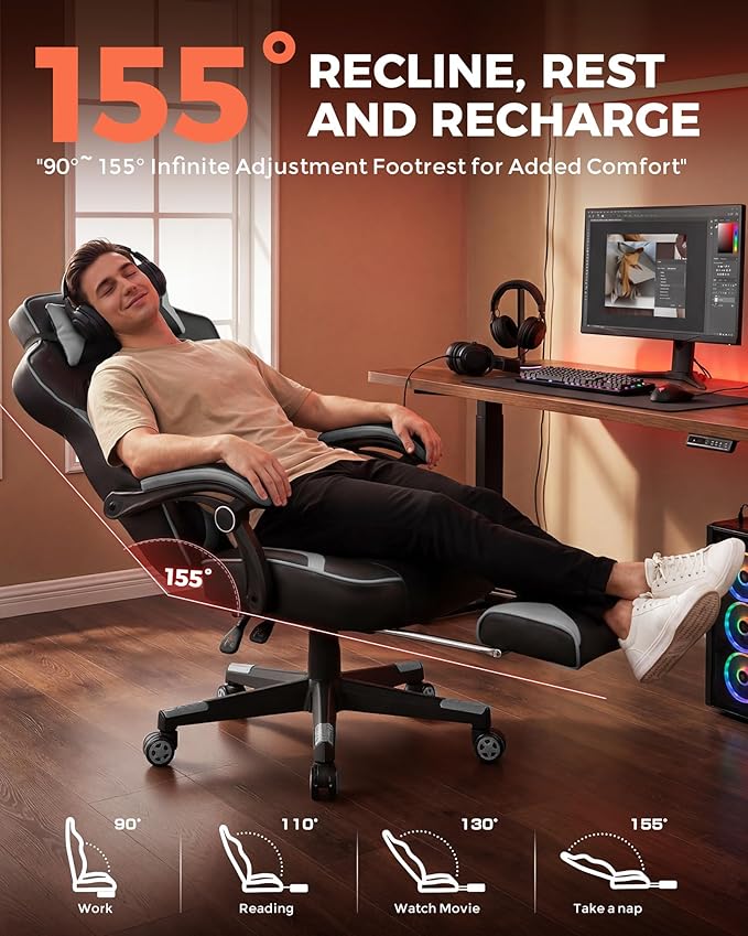 GTPLAYER Gaming Chair with Footrest Big and Tall Computer Game Chair 350lb Racing Style Ergonomic High Back Lumbar Support and Recliner Moon Gray