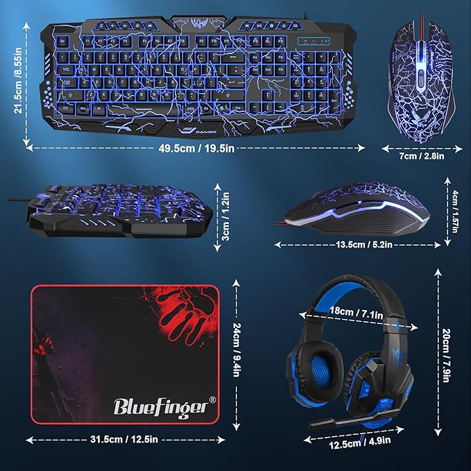 BlueFinger Backlit Gaming Keyboard Mouse and LED Headset Combo - USB Wired 3 Color Crack Backlit Blue LED Light Headset - Set for Work and Game