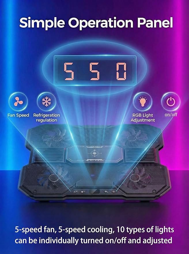 8-Fan Laptop Cooling Pad with Thermoelectric Cooler 5-Speed Independent Control 10 RGB Lights 7-Height Adjustable Metal Panel Laptop Cooler for 15.6-21 Inch Gaming Laptops