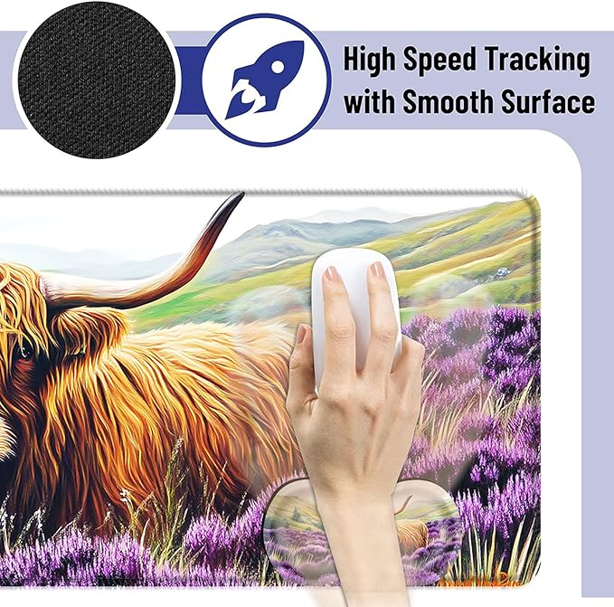 Large Mouse Pad and Keyboard Wrist Rest Desk Pad for Keyboard and Mouse 4-in-1 Large Gaming Mouse Pad with Wrist Support Desk Mat for Home Office Study GameCute Highland Cow