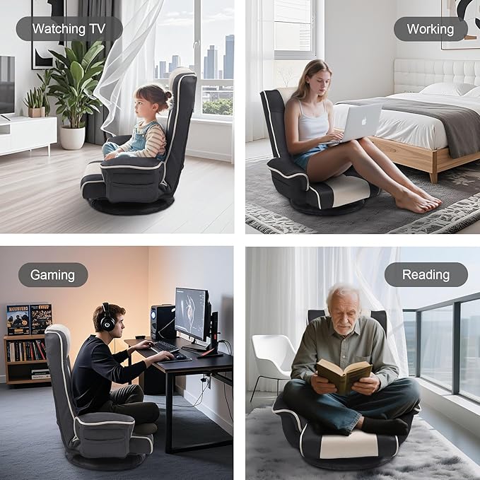 Linen Fabric Ergonomic Gaming Chair 6-Position Reclining Sofa Bed with Lumbar Support Foldable Floor Lounger with Thick Cushion Armrests &amp Side Pockets for Esports Reading Napping (Grey + Bei