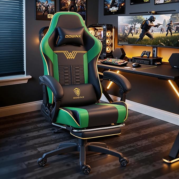 Dowinx Gaming Chair Big and Tall 350LBS Heavy Duty PC Gaming Chair with Massage &amp Footrest Ergonomic Reclining Gamer Chair with Embroidered Esports Design Green