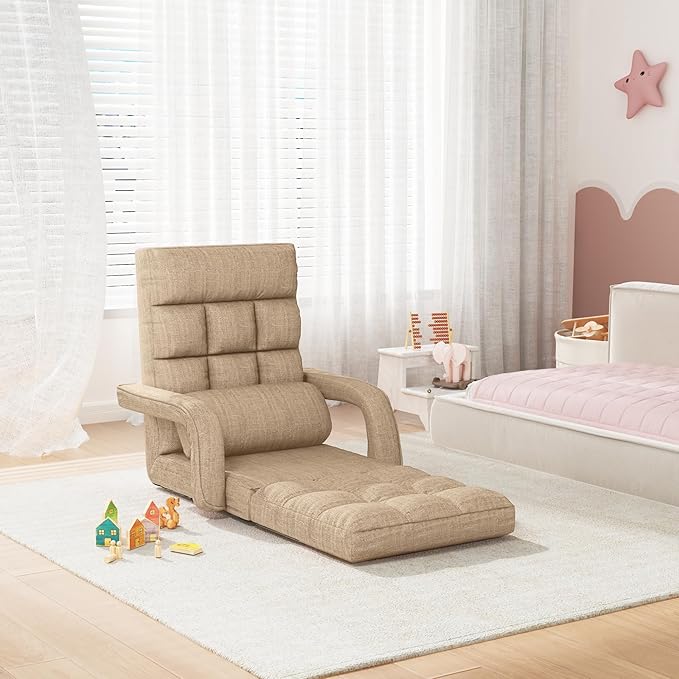 Floor Gaming Chair for Adults 6-Position Adjustable Chaise Lounge Chair with Meditation Arm Foldable Lazy Sofa with Pillow Comfy Chair Indoor for Bedroom Dorm Living Room Beige