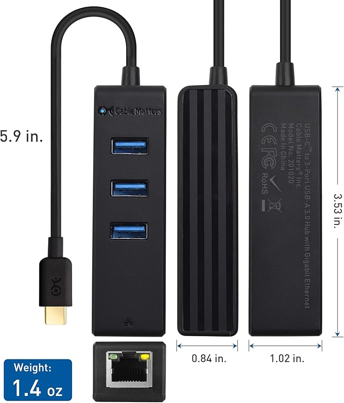 Cable Matters 4-in-1 USB C Hub Ethernet Support Gigabit Network USB C Ethernet Hub Thunderbolt LAN Adapter with 10/100/1000Mbps Network Black