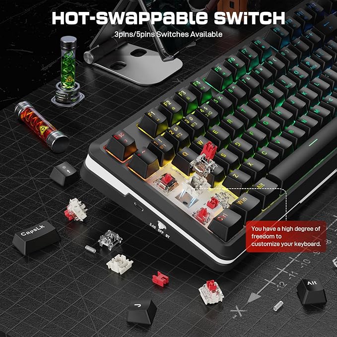 Redragon K713 Wireless Mechanical Keyboard Gasket Mounted RGB Gaming Keyboard 3-Mode (2.4G/BT/USB) Pre-Lubed Linear Red Switches 75％ Layout 82 Keys Hot Swappable for PC/Mac - Black