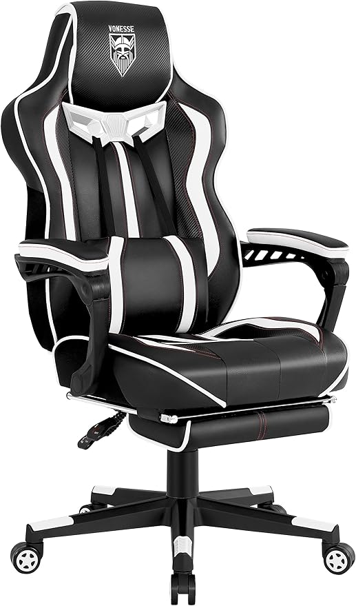 Vonesse Gaming Chair with FootrestReclining Computer Gaming Chair for AdultsBig and Tall Gamer Chair with MassageErgonomic High Back (White/Black)