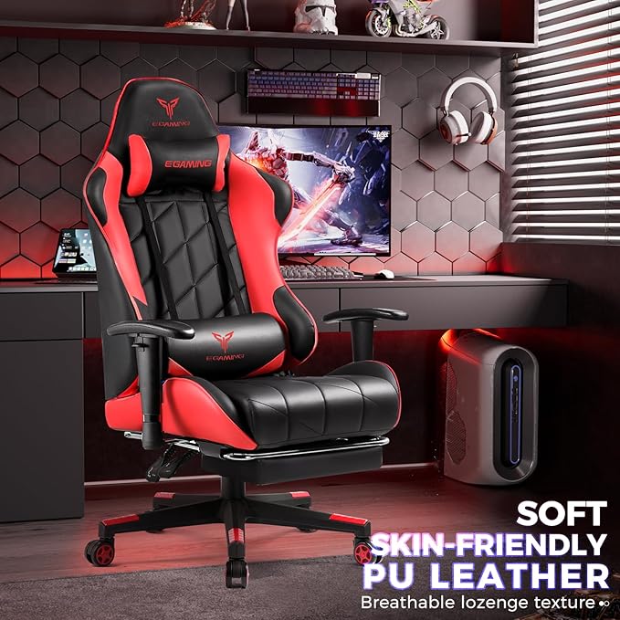 Gaming Chair Big and Tall Video Game Chair with High Back PU Leather Home Office Ergonomic Computer Chair with Footrest Adjustable Height 360° Swivel Wheels for Adults and Teens