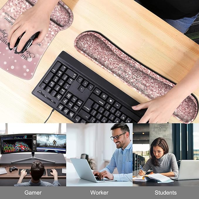 Keyboard Wrist Rest Pad and Ergonomic Mouse Pad Wrist Support Set Proverbs 31:25 Bible Verse Pink Design for Gaming Office Comfortable and Pain Relief with Coaster Set