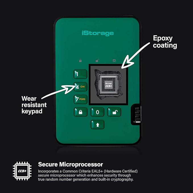 iStorage diskAshur2 HDD 1TB Green | Secure portable hard drive | Password protected | Dust &amp water resistant | Hardware Encryption