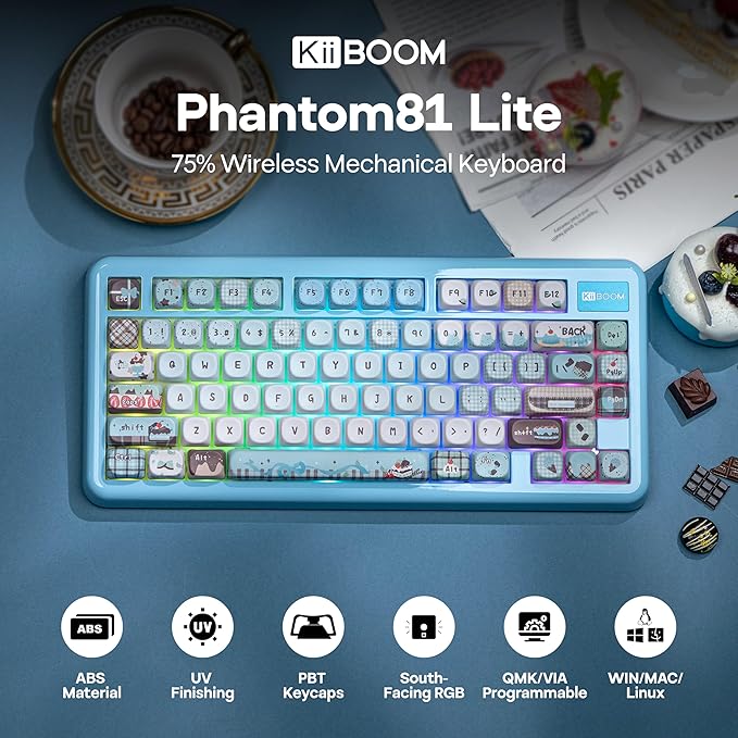 KiiBoom Phantom81 Lite 75% Gasket Mechanical Keyboard QMK&ampVIA Programmable 3 Modes Wireless Gaming Keyboard RGB Backlights ABS Case + UV Tech Hot-Swappable for Windows/Mac/Linux (Blue)