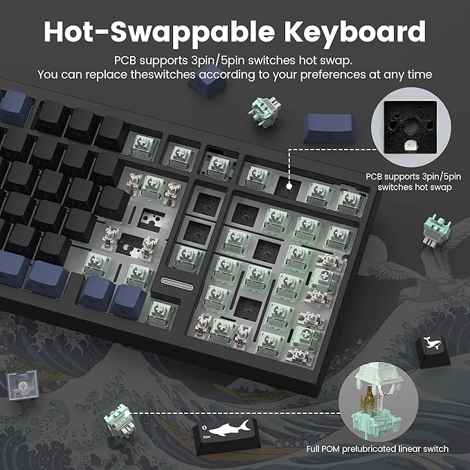 Womier Wireless Gaming Keyboard Mechanical Keyboard 98% Creamy Keyboard RGB Backlit with Number Pad and Volume Knob BT5.0/2.4GHz/USB-C Mode Hot Swappable Custom Keyboard with Linear Switches