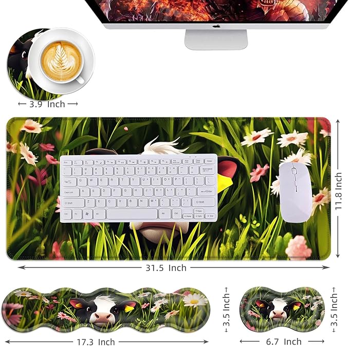 Mouse PadLarge Desk Mat Set 4in1 XL Mousepad + Keyboard Wrist Rest+Mouse Wrist Rest+Coaster with Ergonomic Desk Pad for Home Office Table Computer Cover -Cute Calf in Flower Field