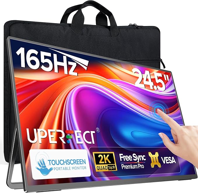 UPERFECT 24.5 2K Portable Monitor Touchscreen 165Hz Gaming Monitor FreeSync 0.1ms Fast IPS Large Screen Built-in 180° Adjustable Stand/VESA USB-C HDMI Second Screen for Laptop Phone Game Console