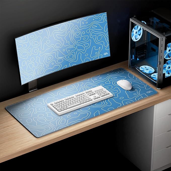 GutzyAiden Topo Extended Extra Large Mouse Pad | Gaming Setup | Hybrid Polyester Fabric Top | Non-Slip Natural Rubber Base | 5mm Thick | ICY Cyan Topo | 3XL - 48 x 24 |