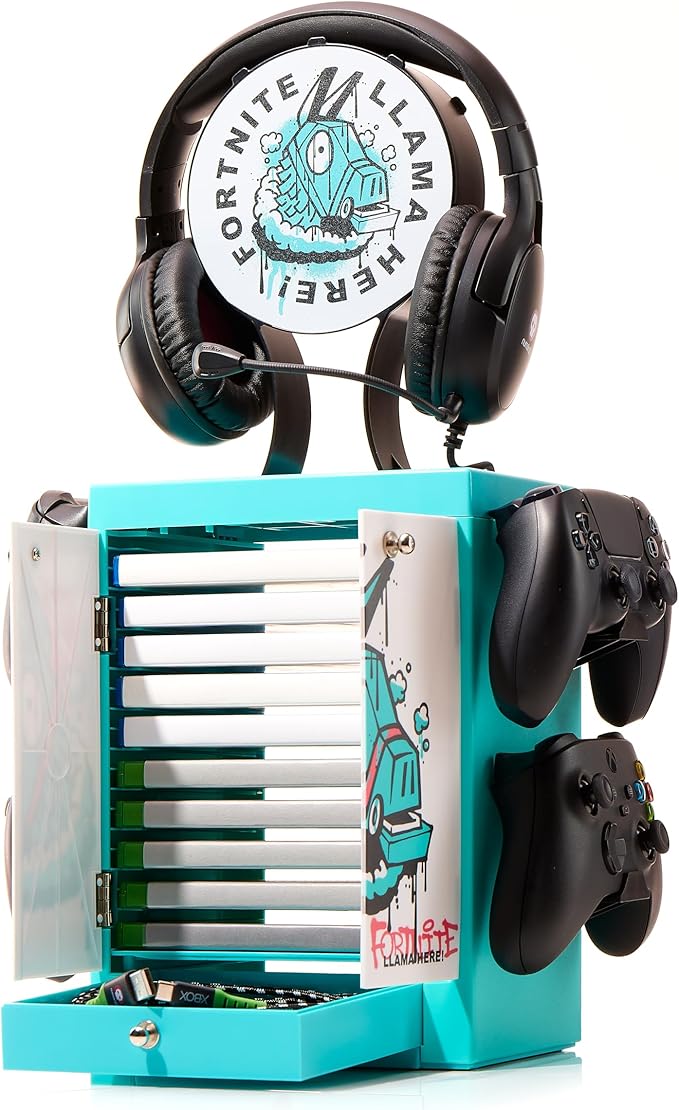 Numskull Official Fortnite Gaming Accessory Locker &amp Storage Stand – Holds 10 Games/DVDs 4 Controllers Headset and Accessories – Durable &amp Compact Organizer – Official Fortnite Merchandise