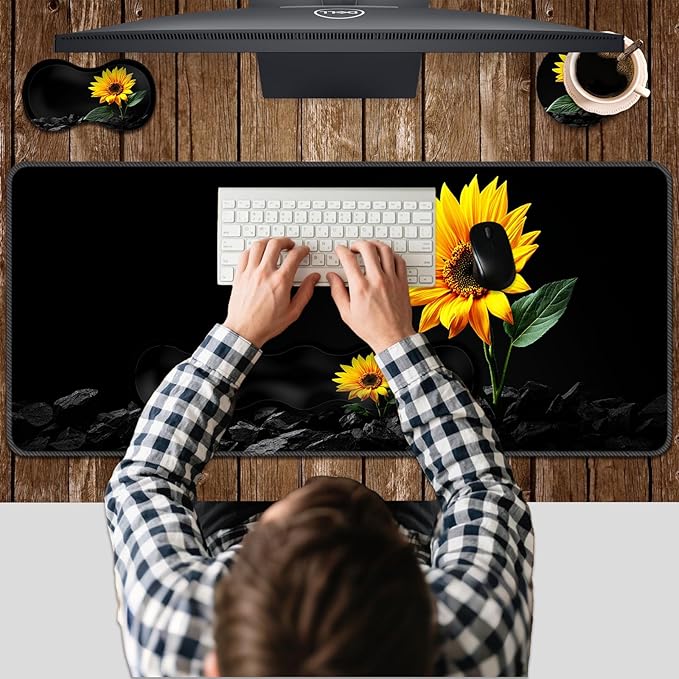 Ergonomic Keyboard Wrist Rest &amp Mouse Pad Wrist Rest SetXL Gaming Desk Mat 31.5x 11.8Non-Slip BaseMemory FoamEasy Typing Pain Relief for Office &amp HomeSunflower
