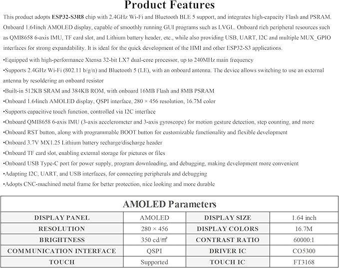 ESP32-S3 1.64inch AMOLED Touch Display Development Board 280x456 QSPI Interface Onboard Accelerometer and Gyroscope Sensor and Other Interfaces ESP32 with Display