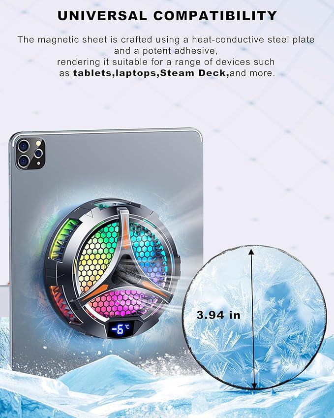 iPad CoolerMagnetic Tablet Cooler for ipad/Surface pro/Samsung Tab/Steam DeckIpad Cooling Fan with Temperature Monitor LED Gaming Light for Mobile GamingTiktok Live Streaming Black