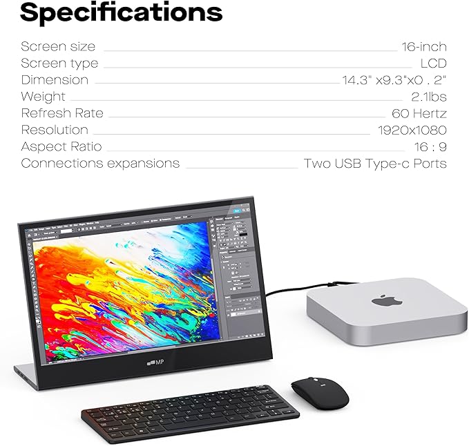 MP Mobile Pixels Glance Laptop Portable Monitor 16 Inch 1080P FHD Display USB-C/HDMI Portable Monitors Travel Monitor with Dual Speakers for macOS/Windows/DeX