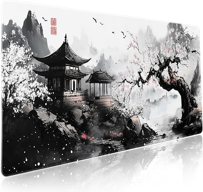 Black Whtie Japanese Gaming Mouse Pad XXL Anime Sakura Cherry Blossom Tree Extended Large Mat Mousepad Desk Pad Non-Slip Rubber Base Stitched Edge Keyboard Pad Playmat for Computer35.4×15.7 Inch