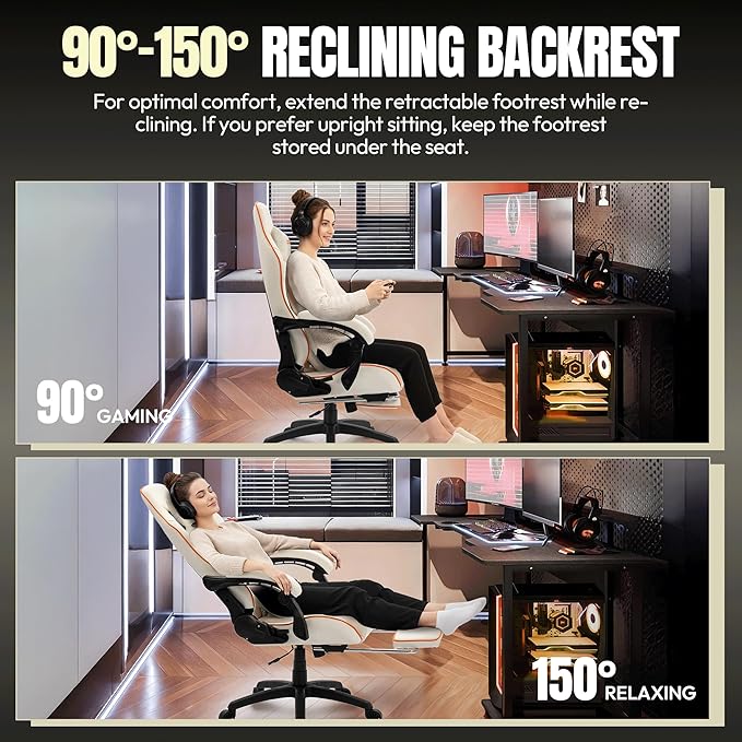 Dowinx Gaming Chair Big and Tall 350LBS Heavy Duty PC Gaming Chair with Massage &amp Footrest Ergonomic Reclining Gamer Chair with Embroidered Esports Design White