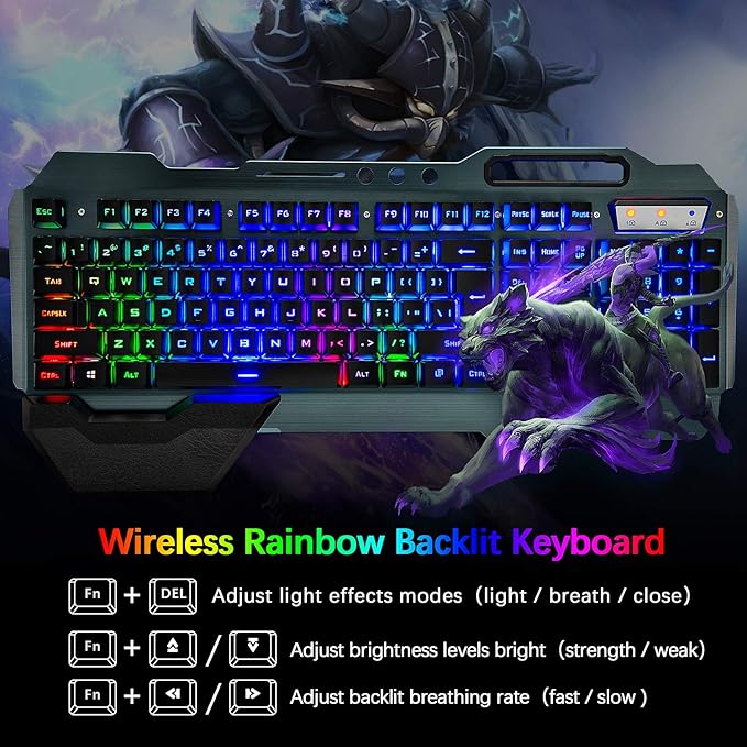 Wireless Gaming Keyboard and MouseRainbow Backlit Rechargeable Keyboard Mouse with 3800mAh Battery Metal PanelRemovable Hand Rest Mechanical Feel Keyboard and 7 Color Gaming Mute Mice for PC Gamers